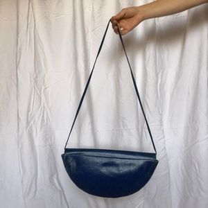 1970s Vintage Blue Leather Half Circle Crossbody